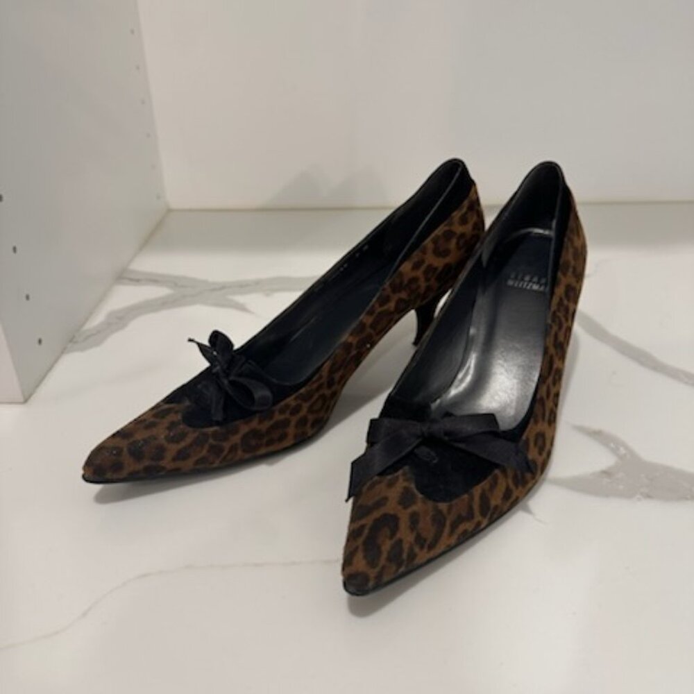 Stuart Weitzman Leopard Suede Kitten Heel Pumps with Bow Detail, Size 9